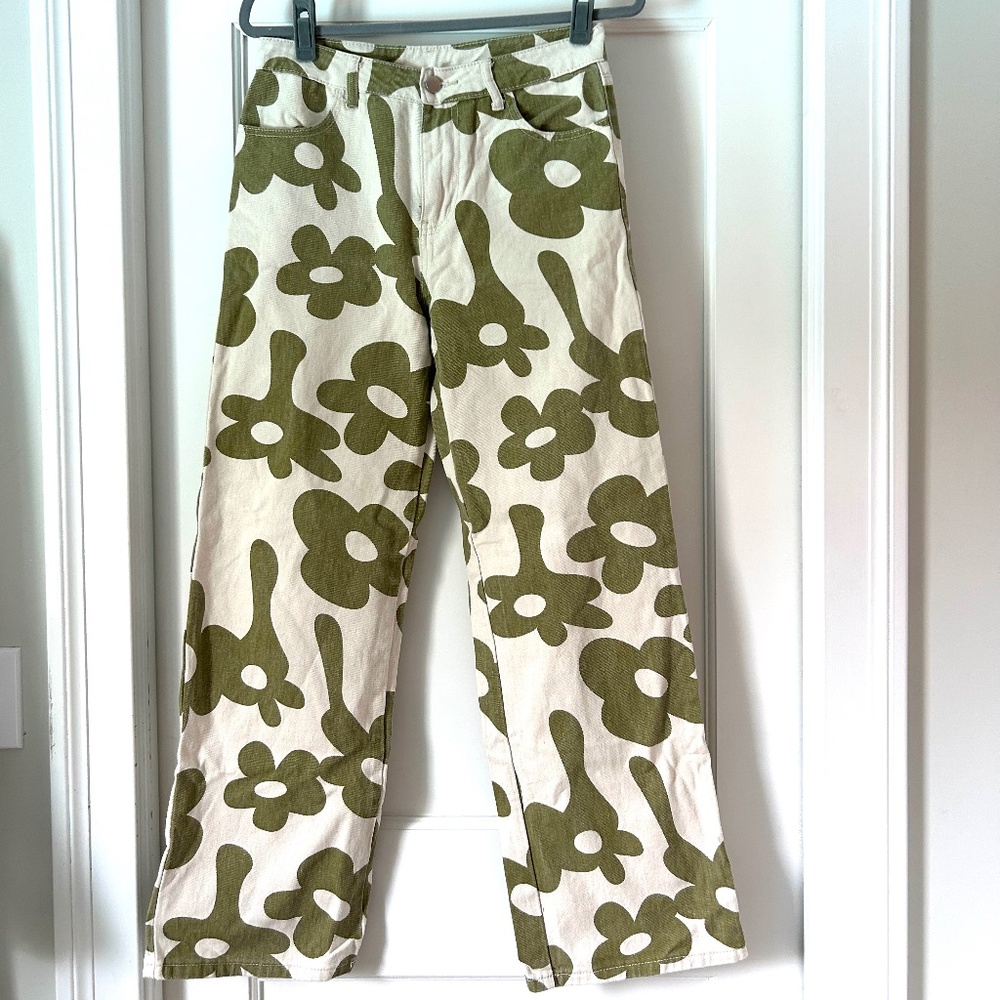 Green and Ivory Floral Print Jeans Bailey Rose